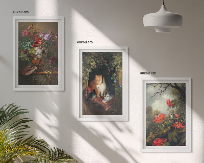 Conjunto de 3 quadros com moldura Flores vintage, gatos, natureza