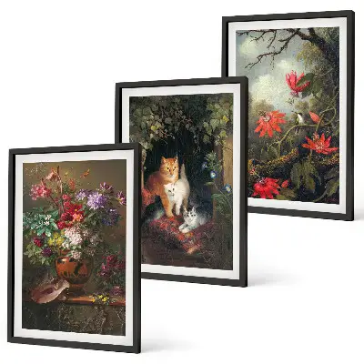 Conjunto de 3 quadros com moldura com estampas de flores vintage, gatos e natureza
