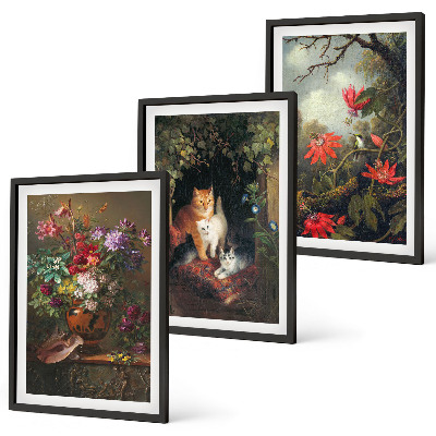 Conjunto de 3 quadros com moldura Flores vintage, gatos, natureza