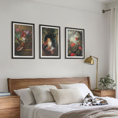 Conjunto de 3 quadros com moldura Flores vintage, gatos, natureza
