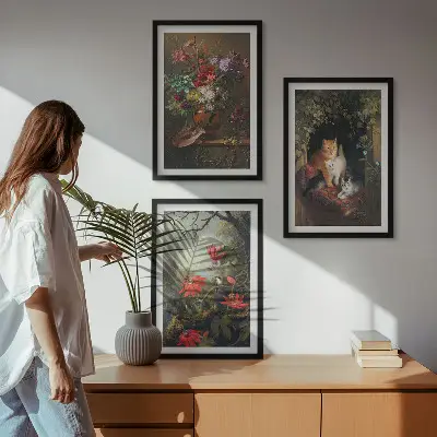 Conjunto de 3 quadros com moldura com estampas de flores vintage, gatos e natureza