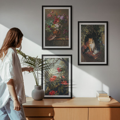 Conjunto de 3 quadros com moldura Flores vintage, gatos, natureza