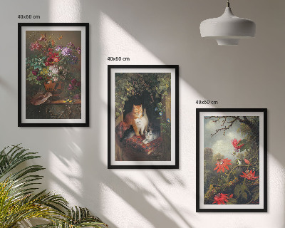 Conjunto de 3 quadros com moldura Flores vintage, gatos, natureza