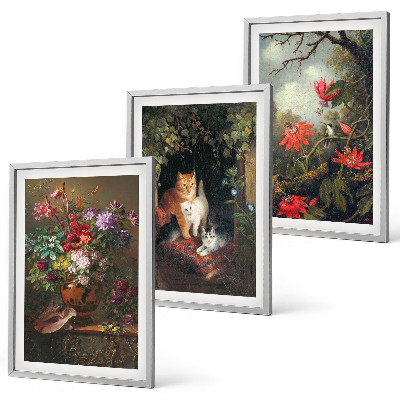Conjunto de 3 quadros com moldura Flores vintage, gatos, natureza