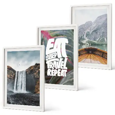 Conjunto de quadros para sala de estar com estampa de cachoeira, montanhas e barco na natureza