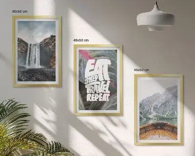 Conjunto de quadros para sala de estar com estampa de cachoeira, montanhas e barco na natureza