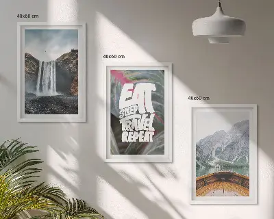 Conjunto de quadros para sala de estar com estampa de cachoeira, montanhas e barco na natureza
