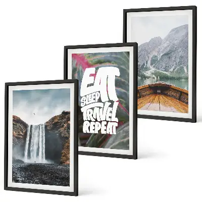 Conjunto de quadros para sala de estar com estampa de cachoeira, montanhas e barco na natureza