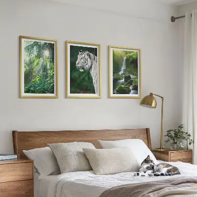 Conjunto de 3 quadros com moldura estampa de cachoeira e tigre na selva