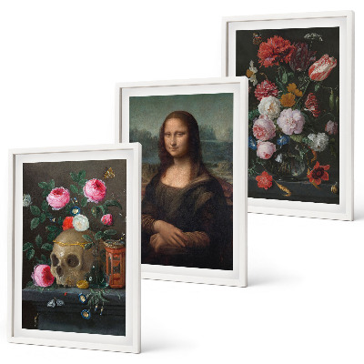 Conjunto de 3 quadros com moldura Retrato da Mona Lisa com caveira e flores