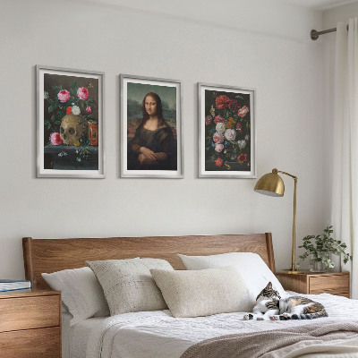 Conjunto de 3 quadros com moldura Retrato da Mona Lisa com caveira e flores