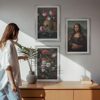 Conjunto de 3 quadros com moldura Retrato da Mona Lisa com caveira e flores