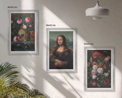 Conjunto de 3 quadros com moldura Retrato da Mona Lisa com caveira e flores