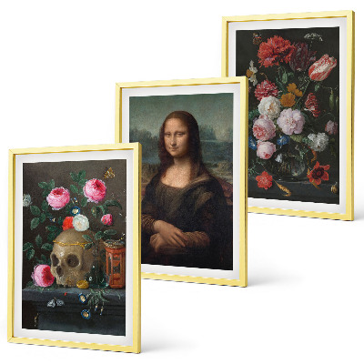 Conjunto de 3 quadros com moldura Retrato da Mona Lisa com caveira e flores
