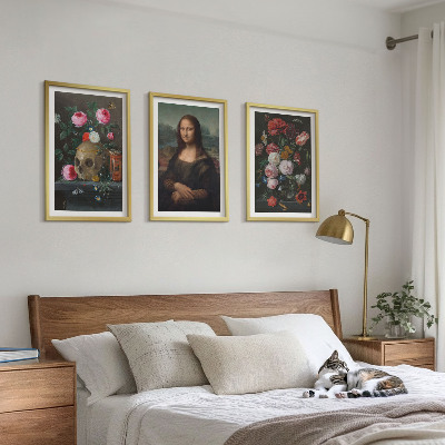 Conjunto de 3 quadros com moldura Retrato da Mona Lisa com caveira e flores