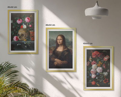 Conjunto de 3 quadros com moldura Retrato da Mona Lisa com caveira e flores