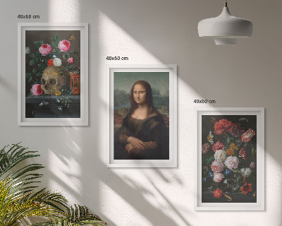 Conjunto de 3 quadros com moldura Retrato da Mona Lisa com caveira e flores