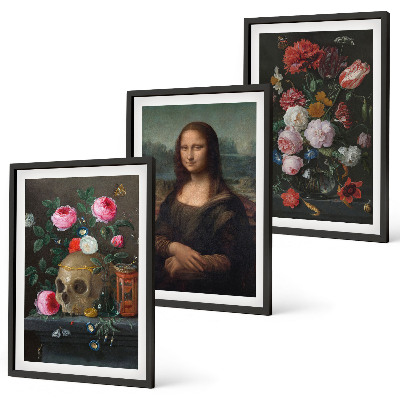 Conjunto de 3 quadros com moldura Retrato da Mona Lisa com caveira e flores