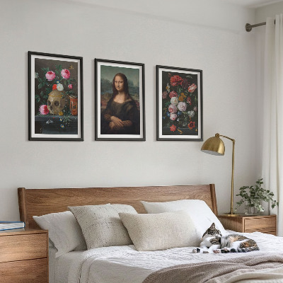 Conjunto de 3 quadros com moldura Retrato da Mona Lisa com caveira e flores