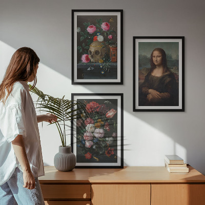 Conjunto de 3 quadros com moldura Retrato da Mona Lisa com caveira e flores