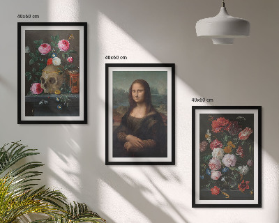 Conjunto de 3 quadros com moldura Retrato da Mona Lisa com caveira e flores