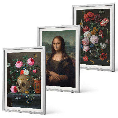 Conjunto de 3 quadros com moldura Retrato da Mona Lisa com caveira e flores