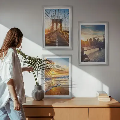 Conjunto de quadros para sala de estar com tema de pontes, pôr do sol e cidade