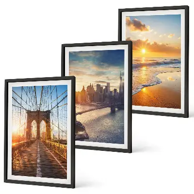 Conjunto de quadros para sala de estar com tema de pontes, pôr do sol e cidade