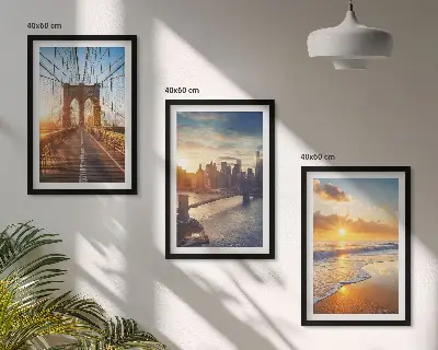 Conjunto de quadros para sala de estar com tema de pontes, pôr do sol e cidade