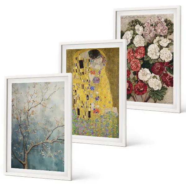 Conjunto de 3 quadros com pintura de flores de Klimt com moldura inclusa