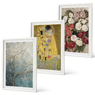 Conjunto de 3 quadros com pintura de flores de Klimt com moldura inclusa