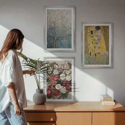 Conjunto de 3 quadros com moldura Flores da árvore, pintura de Klimt