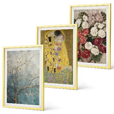 Conjunto de 3 quadros com pintura de flores de Klimt com moldura inclusa