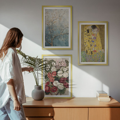 Conjunto de 3 quadros com moldura Flores da árvore, pintura de Klimt