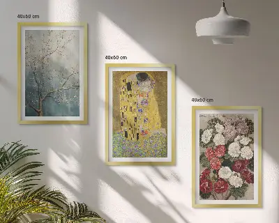 Conjunto de 3 quadros com pintura de flores de Klimt com moldura inclusa