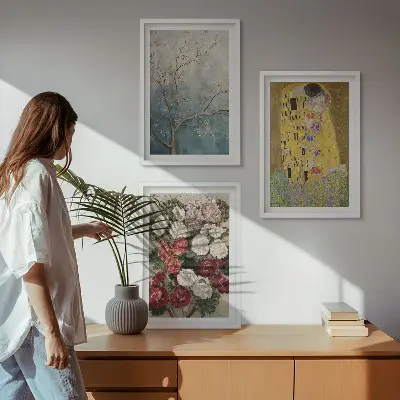 Conjunto de 3 quadros com pintura de flores de Klimt com moldura inclusa