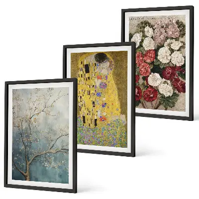 Conjunto de 3 quadros com pintura de flores de Klimt com moldura inclusa
