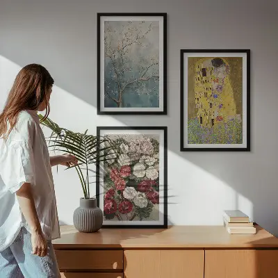 Conjunto de 3 quadros com pintura de flores de Klimt com moldura inclusa
