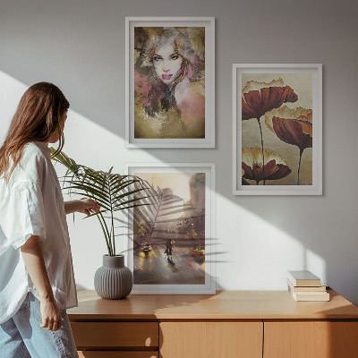 Composição de quadros moderna Retrato abstrato de uma mulher com flores e chuva.