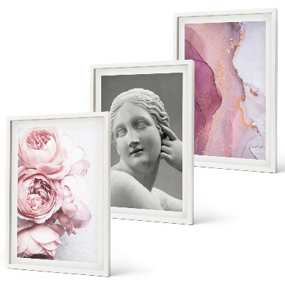Conjunto de 3 quadros com moldura Escultura abstrata de mulher com peônias