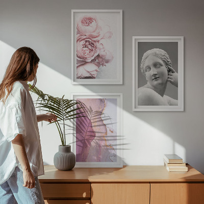 Conjunto de 3 quadros com moldura Escultura abstrata de mulher com peônias