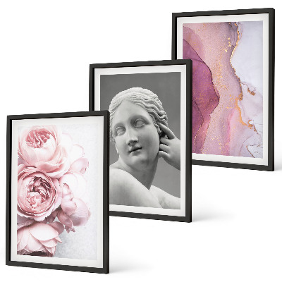 Conjunto de 3 quadros com moldura Escultura abstrata de mulher com peônias