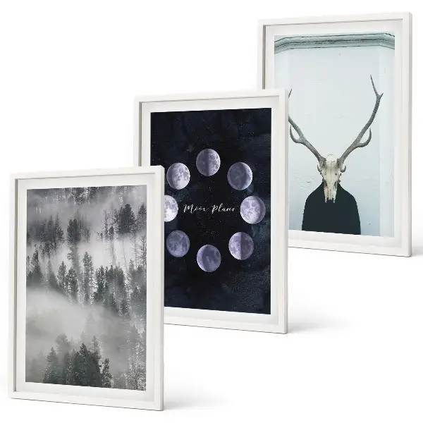 Conjunto de 3 quadros com moldura com paisagem florestal, neblina, lua e crânio de veado
