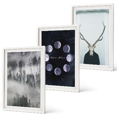 Conjunto de 3 quadros com moldura Paisagem florestal, neblina, lua, crânio de veado