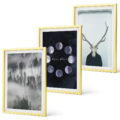 Conjunto de 3 quadros com moldura com paisagem florestal, neblina, lua e crânio de veado