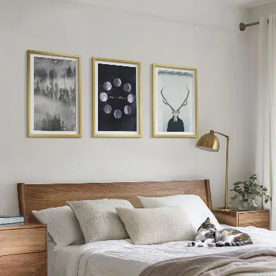 Conjunto de 3 quadros com moldura com paisagem florestal, neblina, lua e crânio de veado