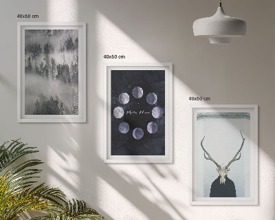 Conjunto de 3 quadros com moldura Paisagem florestal, neblina, lua, crânio de veado