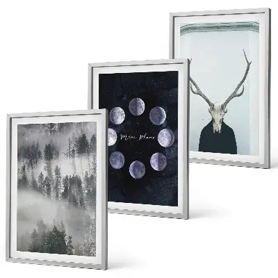Conjunto de 3 quadros com moldura com paisagem florestal, neblina, lua e crânio de veado