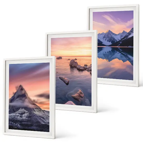 Composição de quadros moderna com paisagem de montanhas, lago e vista do oeste