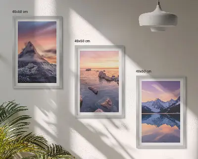Composição de quadros moderna com paisagem de montanhas, lago e vista do oeste